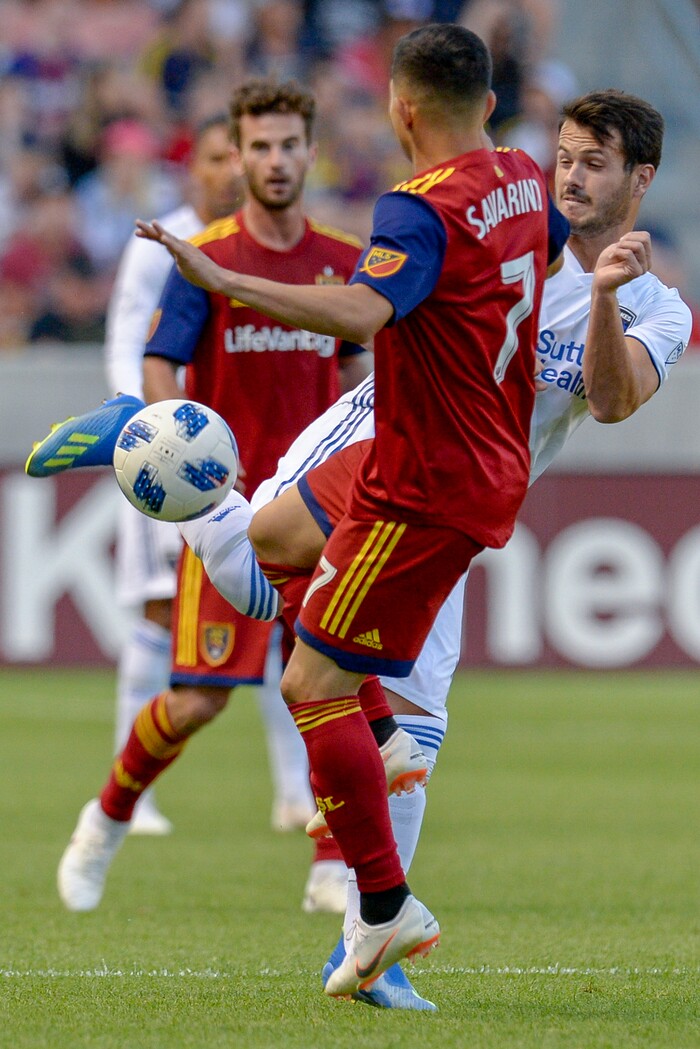 Leah Hogsten | The Salt Lake Tribune San Jose Earthquakes forward Valeri "Vako" Qazaishvili (11) gets a foot on the ball before Real Salt Lake forward Jefferson Savarino (7) as Real Salt Lake hosts the San Jose Earthquakes at Rio Tinto Stadium in Sandy, Utah, Saturday, June 23, 2018.