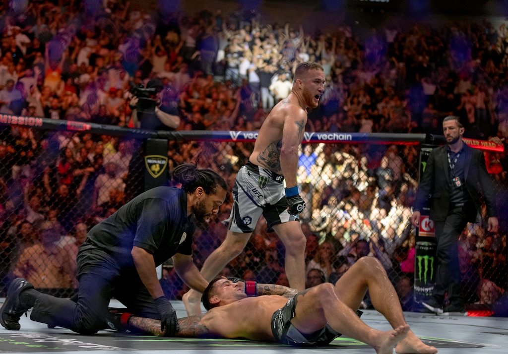 (Michael Brandy | Special to The Tribune) Justin Gaethje celebrates after his second round knockout of Dustin Poitier during UFC 291 for the BMF Belt at the Delta Center in Salt Lake City, Saturday, July 29, 2023.