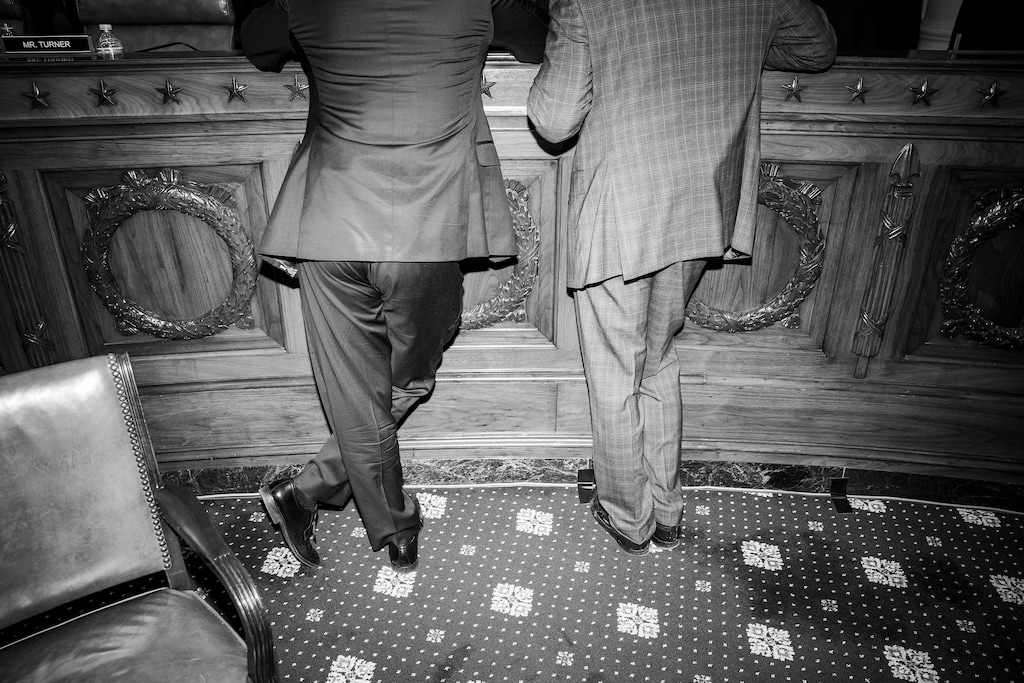 (Damon Winter |The New York Times)
Republican members of the House confer during a hearing on Capitol Hill in Washington, Nov. 15, 2019. "I saw close up what happens when democratically elected politicians think that they can endlessly abuse their institutions, cross redlines, weaken their judiciary and buy reporters and television stations," writes The New York Times columnist Thomas L. Friedman, "so that there is no truth, only versions, of every story."