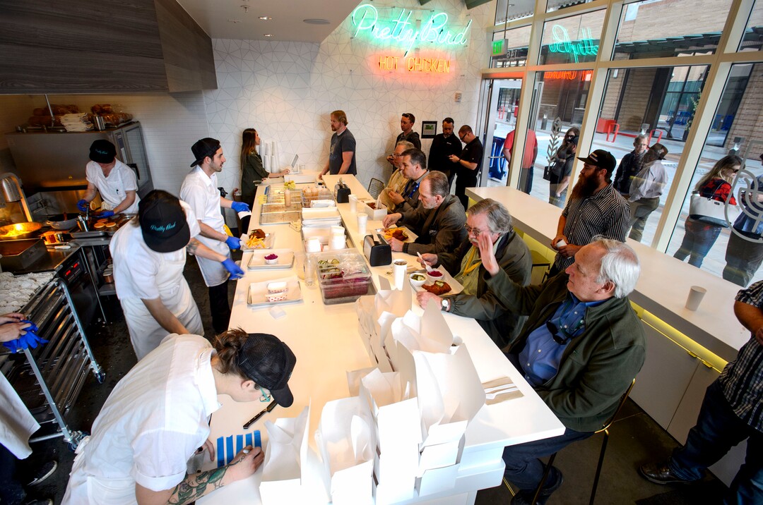 (Steve Griffin  |  The Salt Lake Tribune)  Patrons wait in line at Pretty Bird, a new Nashville-style hot chicken restaurant on Regent Street, in Salt Lake City Monday April 23, 2018.