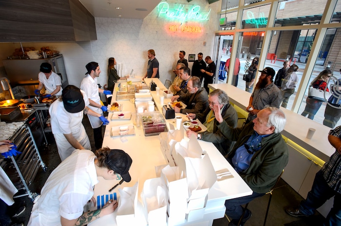 (Steve Griffin  |  The Salt Lake Tribune)  Patrons wait in line at Pretty Bird, a new Nashville-style hot chicken restaurant on Regent Street, in Salt Lake City Monday April 23, 2018.