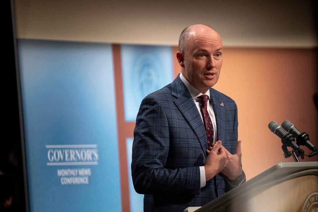 (Trent Nelson  |  The Salt Lake Tribune) Gov. Spencer Cox speaks at his monthly news conference in Salt Lake City on Thursday, March 19, 2026.