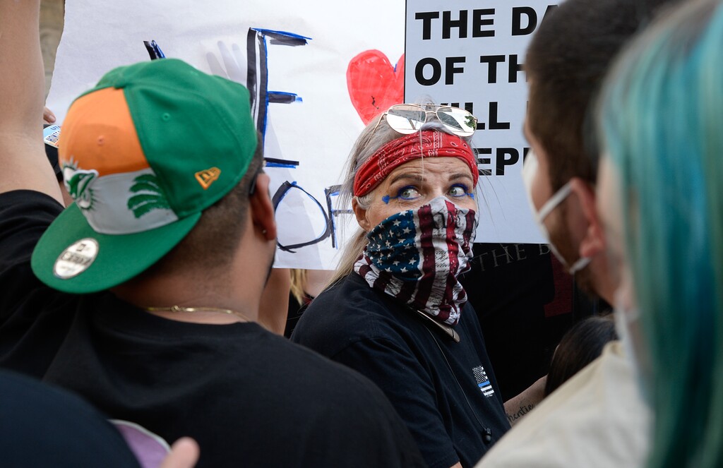(Francisco Kjolseth  |  Tribune file photo) Black Lives Matter protesters and those seeking justice for Bernardo Palacios-Carbajal, who officers fatally shot on May 23, clash with people gathered for the rally in support of police at City Hall in Salt Lake City on Saturday, June 20, 2020.
