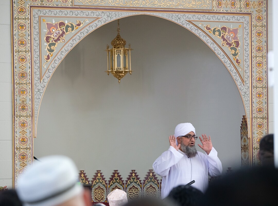 (Francisco Kjolseth  |  The Salt Lake Tribune)  Sheikh Yasir Butt speaks to members of the Khadeeja Islamic Center in West Valley City as they mark the end of Ramadan, a 30 day period of fasting and spiritual growth. It's the biggest religious holiday of the year for Muslims as hundreds from the Wasatch Front gather for the  Eid the Òfestival of the breaking of the fast,Ó on Wed. June 5, 2019.