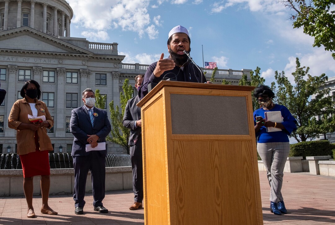 (Leah Hogsten  |  The Salt Lake Tribune) Imam Shuaib-ud Din, director of religious affairs at the Utah Islamic Center, said passing the amendment would show that Utahns are "ready to recognize and acknowledge our mistakes -- and we are ready to rectify and do whatever needs to be done for the future." A coalition of politicians, religious leaders and civil rights activists are urged Utahns to pass Amendment C on the ballot to remove old wording in the state constitution, Sept. 22, 2020, that they say still allows slavery as a punishment for crime.