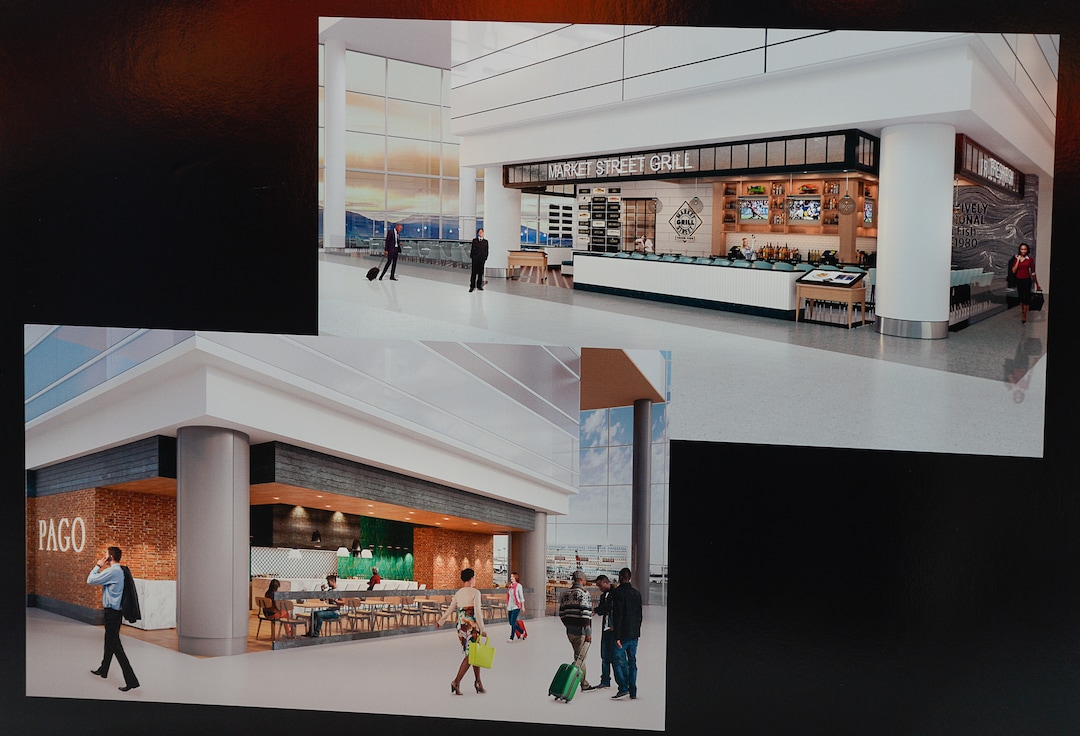 (Francisco Kjolseth  |  The Salt Lake Tribune)  Salt Lake City International Airport announces food concessionaires for the first phase of the new expanded airport during a tour on Wed. Feb. 20, 2019, as renderings provide a visual snapshot of the food and beverage options that is said to include 23 concepts with a number of home-grown options that are local favorites.