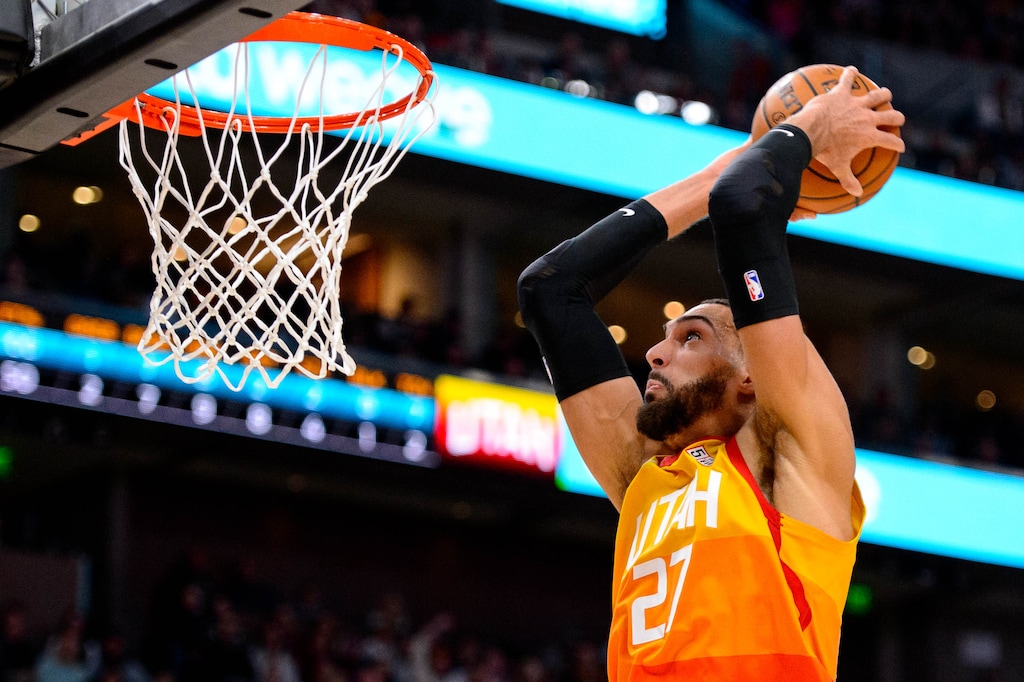 (Trent Nelson  |  The Salt Lake Tribune) Utah Jazz center Rudy Gobert (27) dunks the ball as the Utah Jazz host the Charlotte Hornets, NBA basketball in Salt Lake City on Friday, Jan. 10, 2020.