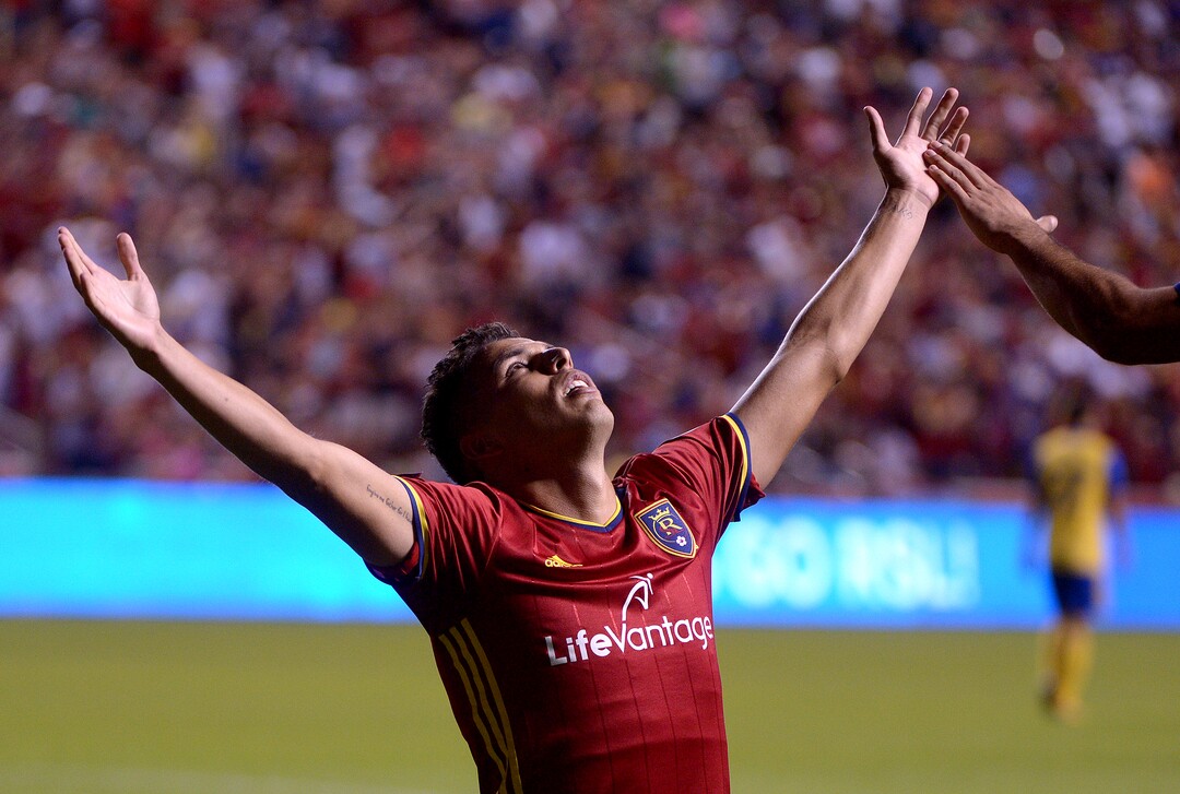 (Leah Hogsten  |  The Salt Lake Tribune) Real Salt Lake midfielder Luis Silva (20) celebrates his penalty kick goal.   Real Salt Lake defeated the Colorado Rapids 4-1 for the Rocky Mountain Cup at Rio Tinto Stadium, Saturday, August 26, 2017. 