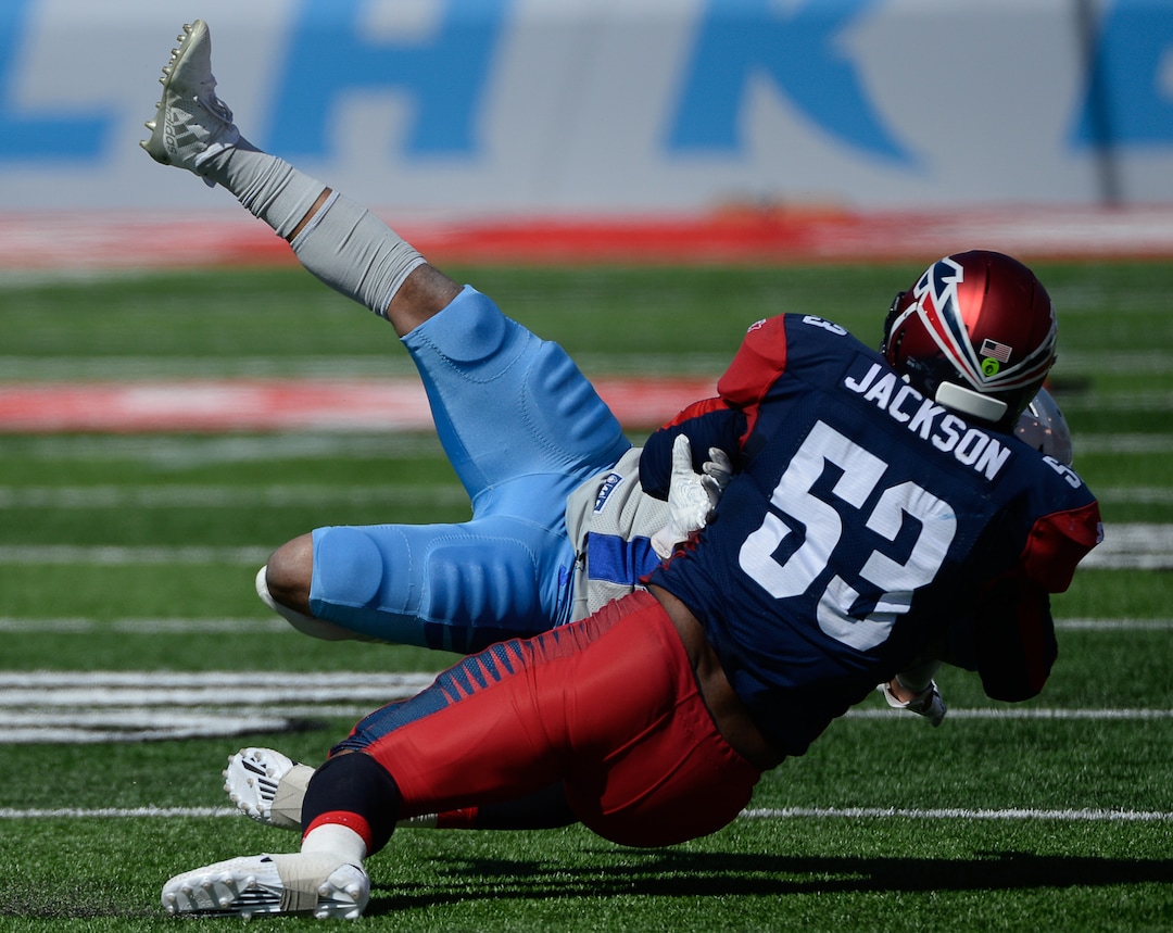 (Francisco Kjolseth  |  The Salt Lake Tribune)  Drew Jackson #53 of the Memphis Express gets an unnecessary roughness call while pressuring Terrell Newby #34 of the Salt Lake Stallions as the Stallions host the Memphis Express of the Alliance of American Football in Salt Lake City on Saturday March 16, 2019.