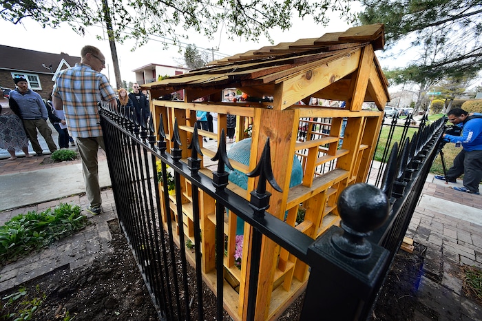 (Scott Sommerdorf | The Salt Lake Tribune)
Benjamin Dieterle speaks about the process of restoring the Buddha, and building the structure encasing the Buddha during a rededication ceremony and celebration, Sunday, April 8, 2018.
