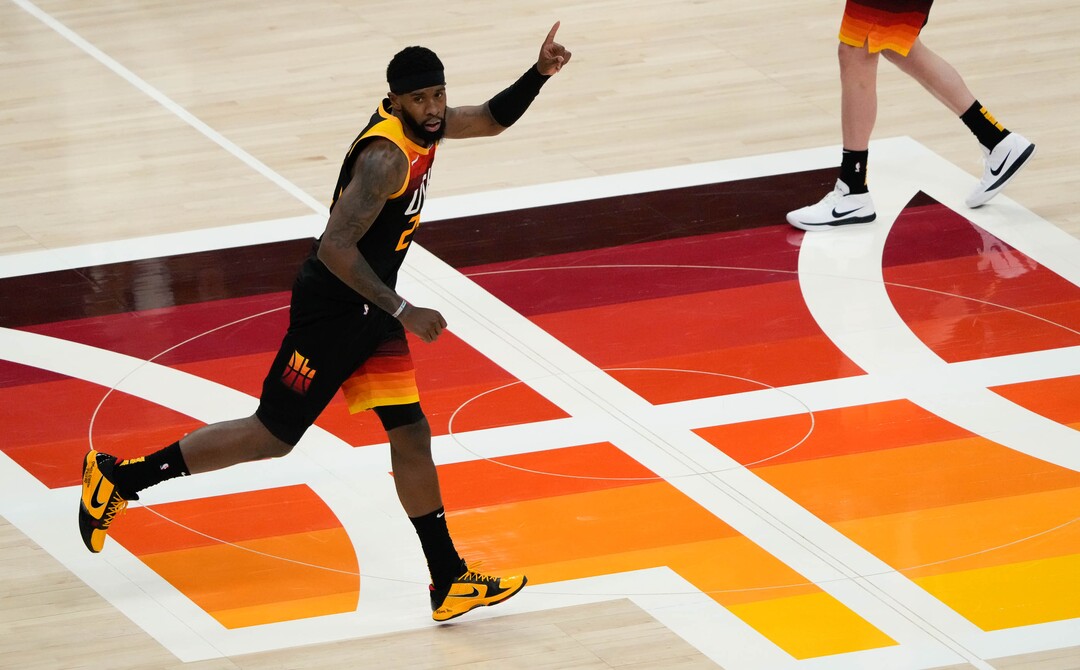 (Francisco Kjolseth | The Salt Lake Tribune) Utah Jazz forward Royce O'Neale (23) celebrates a basket in the first half of Game 5 of an NBA basketball first-round playoff series Wednesday, June 2, 2021, in Salt Lake City, UT.