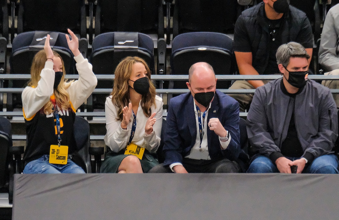 Leah Hogsten | The Salt Lake Tribune  Utah Governor Spencer Cox, wife Abby and daughter Emma Kate cheer on the team as the Utah Jazz host the Indiana Pacers, April 16, 2021 at the Vivint Arena.