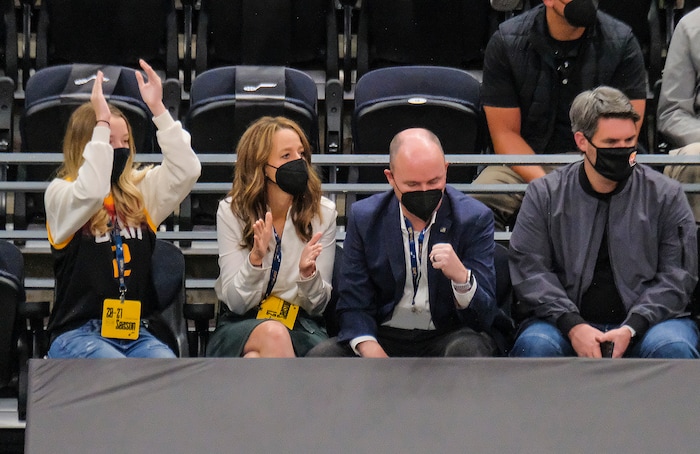 Leah Hogsten | The Salt Lake Tribune Utah Governor Spencer Cox, wife Abby and daughter Emma Kate cheer on the team as the Utah Jazz host the Indiana Pacers, April 16, 2021 at the Vivint Arena.