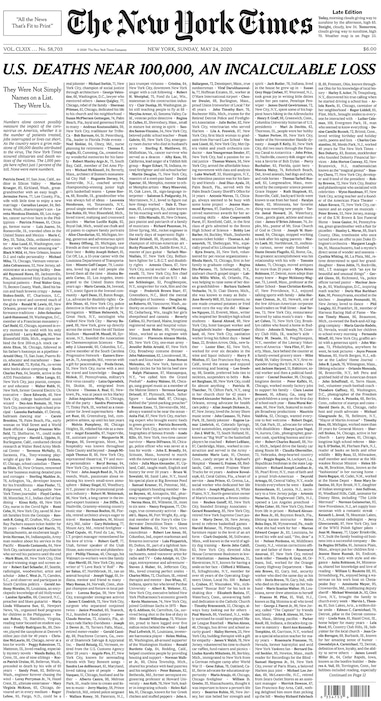 The front page of the May 24, 2020 Late Edition of The New York Times. (The New York Times)