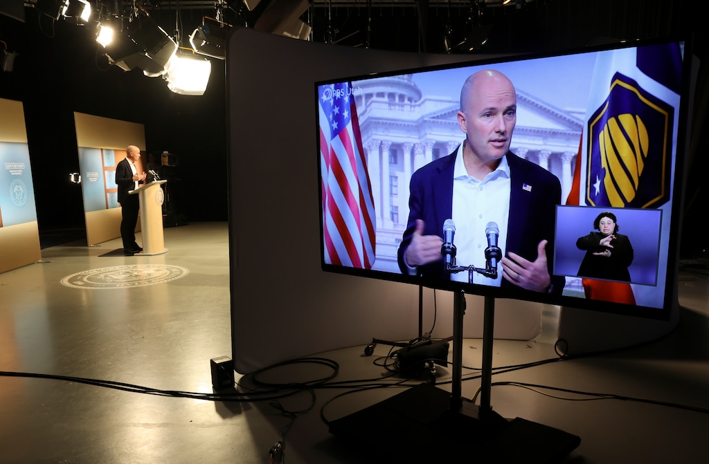 (Kristin Murphy | Pool) Gov. Spencer Cox speaks with members of the media during the PBS Utah Governor’s Monthly News Conference at the Eccles Broadcast Center in Salt Lake City on Thursday, April 17, 2025.