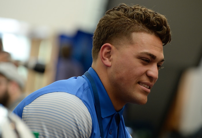(Francisco Kjolseth  |  The Salt Lake Tribune)  Zach Katoa is interviewed by the media as BYU hosts their eighth-annual football media day at the BYU-Broadcasting Building on Friday, June 22, 2018.