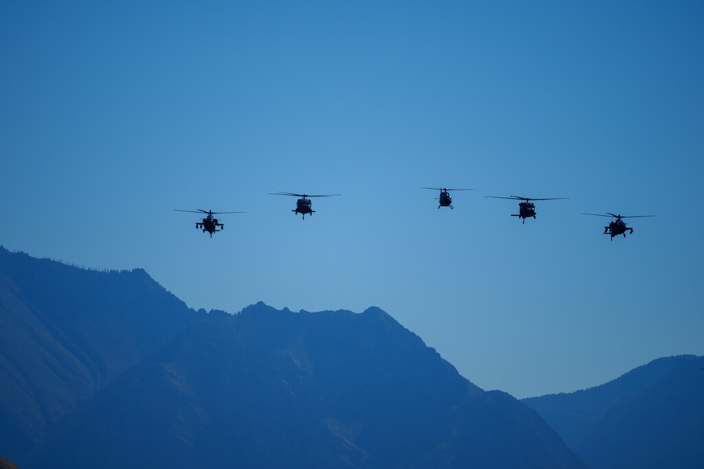 (Trent Nelson  |  The Salt Lake Tribune) A helicopter flyover during Utah National Guard Governor's Day at Camp Williams on Saturday, Sept. 9, 2023.