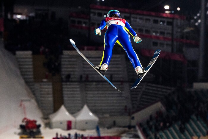 (Chris Detrick  |  The Salt Lake Tribune)  USA's Sarah Hendrickson competes in the Ladies' Normal Hill Individual at the Alpensia Ski Jumping during the Pyeongchang 2018 Winter Olympics Monday, February 12, 2018.  Hendrickson finished in 19th place with a total of 160.6.