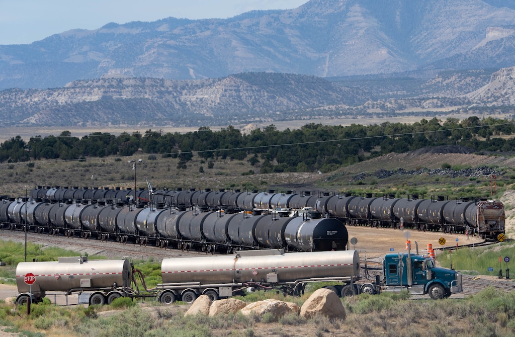 (Francisco Kjolseth | The Salt Lake Tribune) Crude oil is transferred from tanker trucks to rail cars parked at the Wildcat Loadout, now controlled by Finley Resources, a Texas-based oil producer. The old coal-handling facility outside Helper, Utah has been repurposed for transloading oil that is trucked from the Uinta Basin and ultimately shipped to Gulf Coast refineries. The Bureau of Land Management approved an expansion of the facility on Thursday, July 3, 2025. 