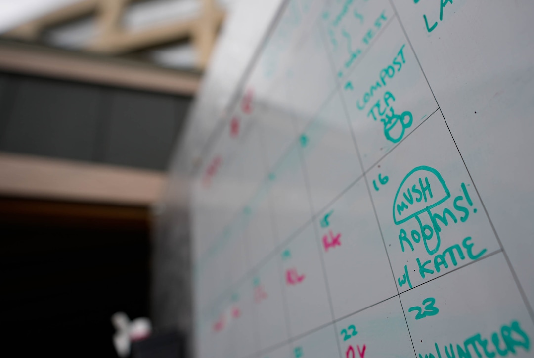 (Francisco Kjolseth | The Salt Lake Tribune) Mushrooms! with Katie is added to the calendar on one of the tool sheds at the Central Library growing garden in Salt Lake City known as The Plot on Saturday, April 16, 2022. 