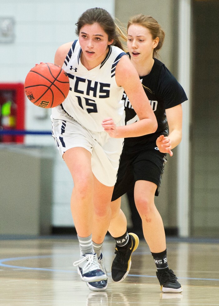 (Rick Egan | The Salt Lake Tribune) Corner Canyon Chargers Kemery Martin (15) brings the ball down court on a Charger fast break, in Class 5A women's basketball playoff game between Corner Canyon and Highland, Monday, Feb. 19, 2018.