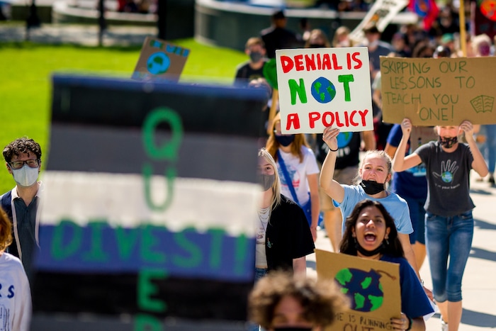 (Trent Nelson | The Salt Lake Tribune) Youth march to the State Capitol in Salt Lake City for Future Utah’s climate strike on Friday, Sept. 24, 2021..
