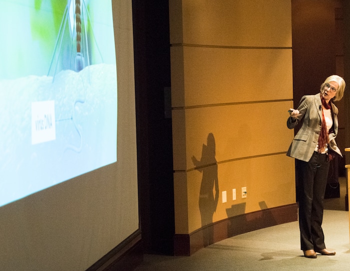 (Rick Egan  |  The Salt Lake Tribune)        UC Berkeley researcher Jennifer Doudna, gives a lecture on “Rewriting the Language of Life: The Biology, Technology and Ethics of DNA Editing."  at the Huntsman Cancer Institute, Thursday, March 22, 2018.




