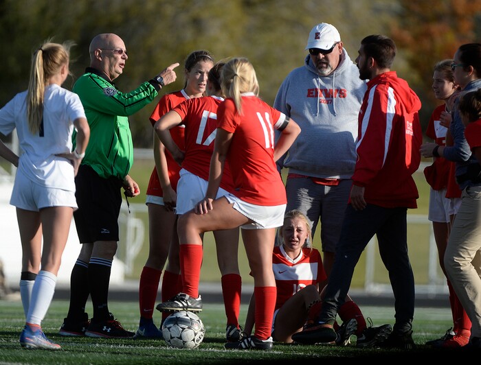 (Scott Sommerdorf   |  The Salt Lake Tribune)   The East coaches gave the referee an earful after another one of their players was injured by rough play during second half play. One of the coaches was given a red card. East beat Corner Canyon 4-1 in a Class 5A girls' soccer state quarterfinal, Thursday, October 12, 2017. 