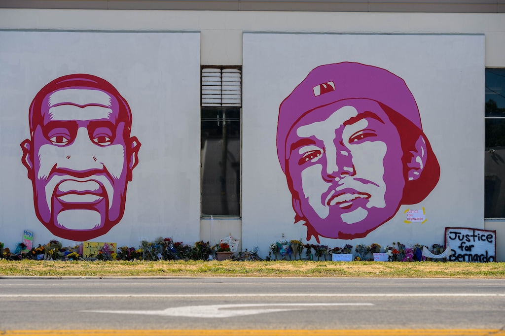 (Trent Nelson  |  The Salt Lake Tribune) George Floyd and Bernardo Palacios Carbajal, two men killed by police, are displayed on a mural in Salt Lake City at 800 South 300 West on Thursday, June 11, 2020.
