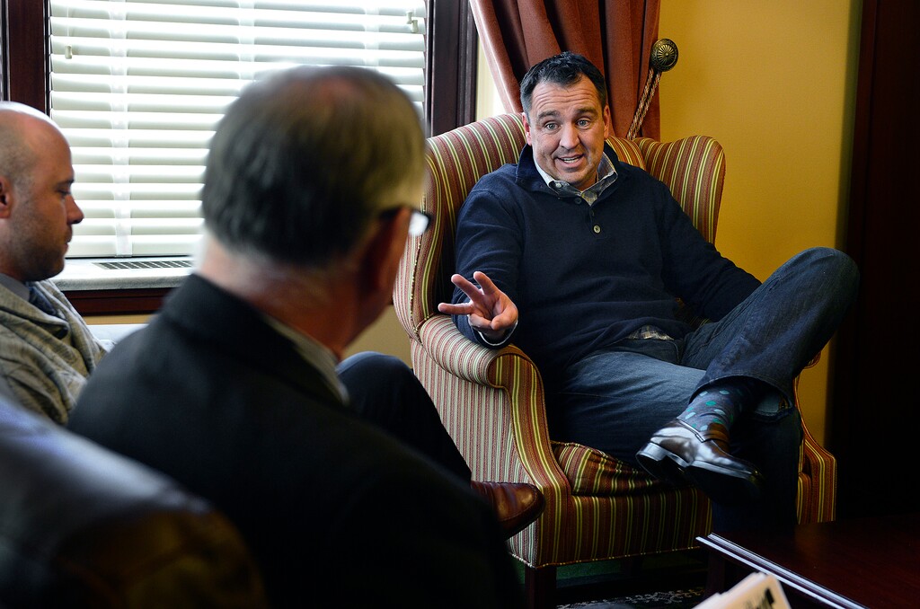 Scott Sommerdorf   |  The Salt Lake TribuneNew House Speaker, Greg Hughes speaks with Rep. Brad King, D-Price, with his Cheif of Staff Greg Hartley, at left in the SpeakerÕs office, Thursday, January 15, 2015.