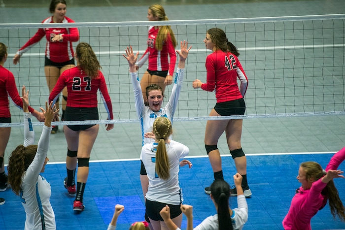 (Chris Detrick  |  The Salt Lake Tribune)  Sky View's Mikaela Sorensen (4) celebrates a point with her teammates during the the 4A volleyball state championships at the UCCU Center at Utah Valley University Thursday, October 26, 2017.  