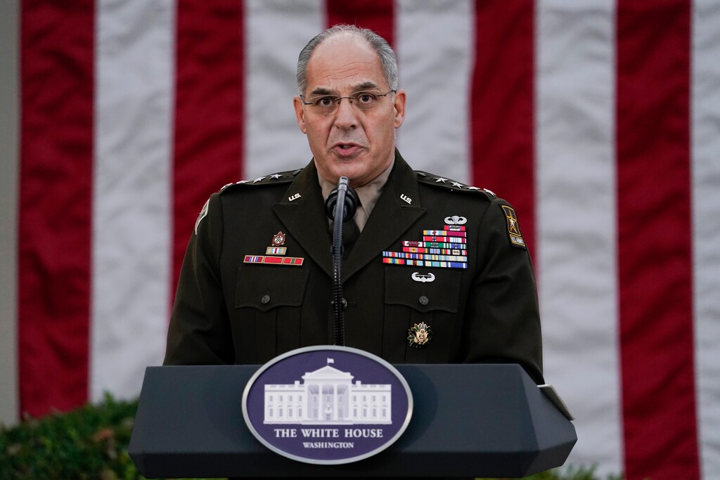 FILE - In this Nov. 13, 2020, file photo Army Gen. Gustave Perna, who is leading Operation Warp Speed, speaks during at an event in the Rose Garden of the White House in Washington. The Army general in charge of getting COVID-19 vaccines across the United States apologized on Saturday, Dec. 19, for “miscommunication” with states over the number of doses to be delivered in the early stages of distribution. "I failed. I'm adjusting. I am fixing and we will move forward from there," Perna told reporters in  telephone briefing. (AP Photo/Evan Vucci, File)