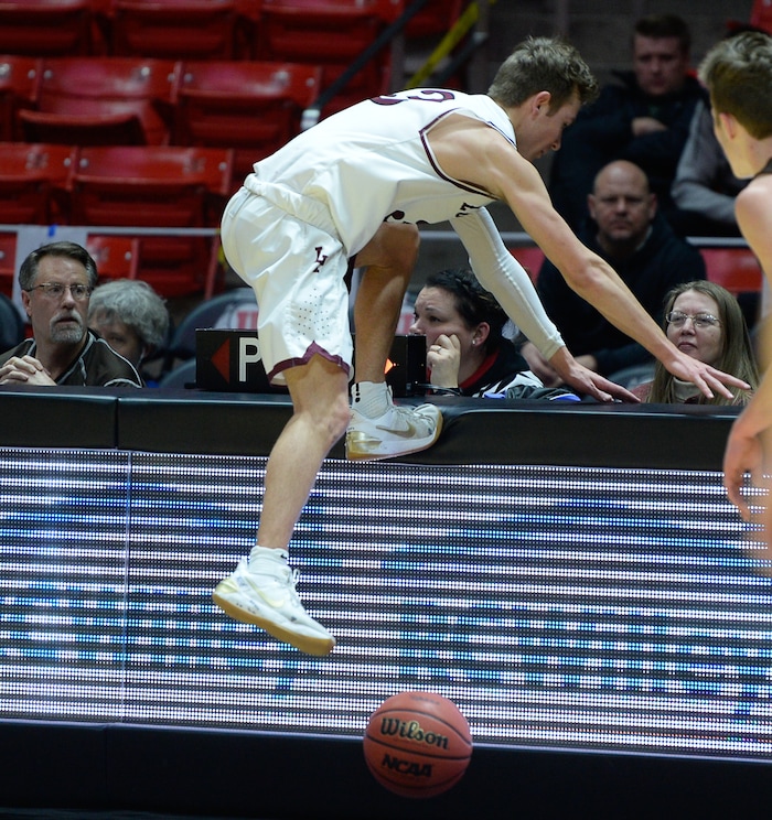 (Francisco Kjolseth  |  The Salt Lake Tribune)  Davis vs Lone Peak, 6A State high school basketball tournament at the Huntsman Center in Salt Lake City, Thursday March 1, 2018. Steven Ashworth (3) goes off court. 