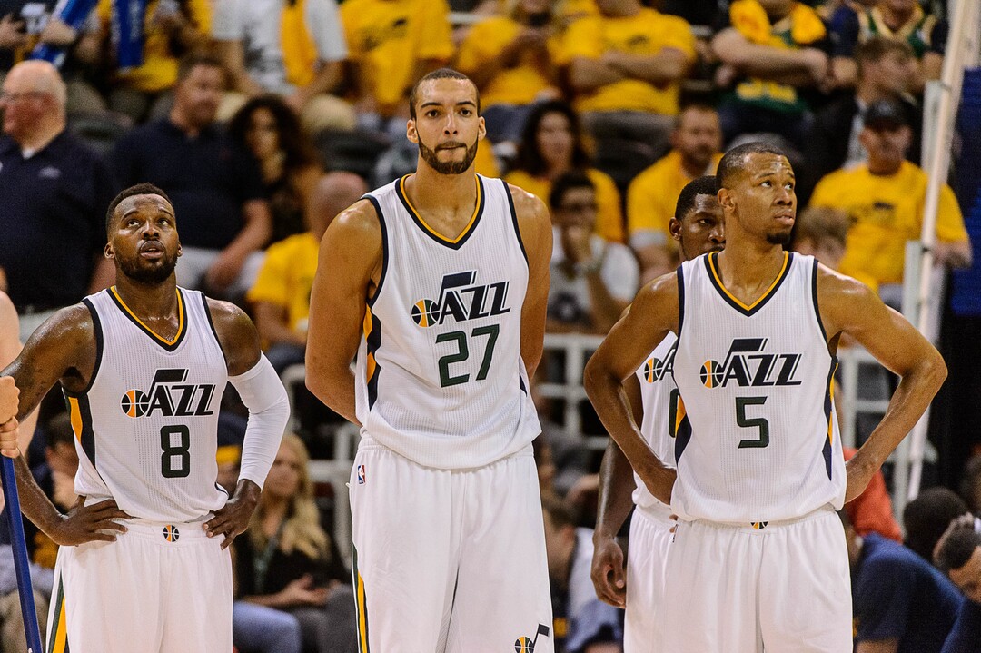 Trent Nelson  |  The Salt Lake TribuneUtah Jazz guard Shelvin Mack (8), Utah Jazz center Rudy Gobert (27) and Utah Jazz guard Rodney Hood (5) look on in the final minute, down ten points as the Utah Jazz host the Golden State Warriors in Game 3 of the second round, NBA playoff basketball in Salt Lake City, Saturday May 6, 2017.