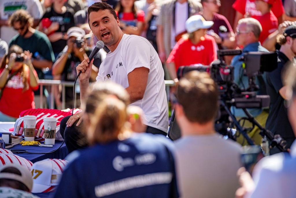 (Trent Nelson | The Salt Lake Tribune) Conservative commentator Charlie Kirk speaks at Utah Valley University in Orem before a gunshot claimed his life,