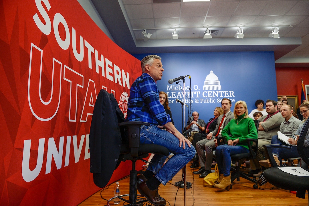 (Leah Hogsten  |  The Salt Lake Tribune) Former two-term Gov. Jon Huntsman, 59, announced his bid for governor, Nov. 14, 2019. Huntsman fielded questions after an appearance at the Michael O. Leavitt Center for Politics and Public Service at Southern Utah University in Cedar City on Thursday.