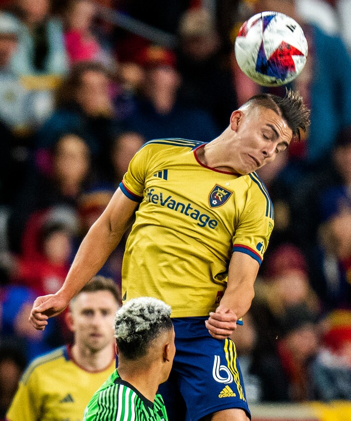 (Rick Egan | The Salt Lake Tribune) Real Salt Lake midfielder Braian Ojeda (6) heads the ball, in MLS action between Real Salt Lake and Austin FC, in Sandy, on Saturday, March 11, 2023.