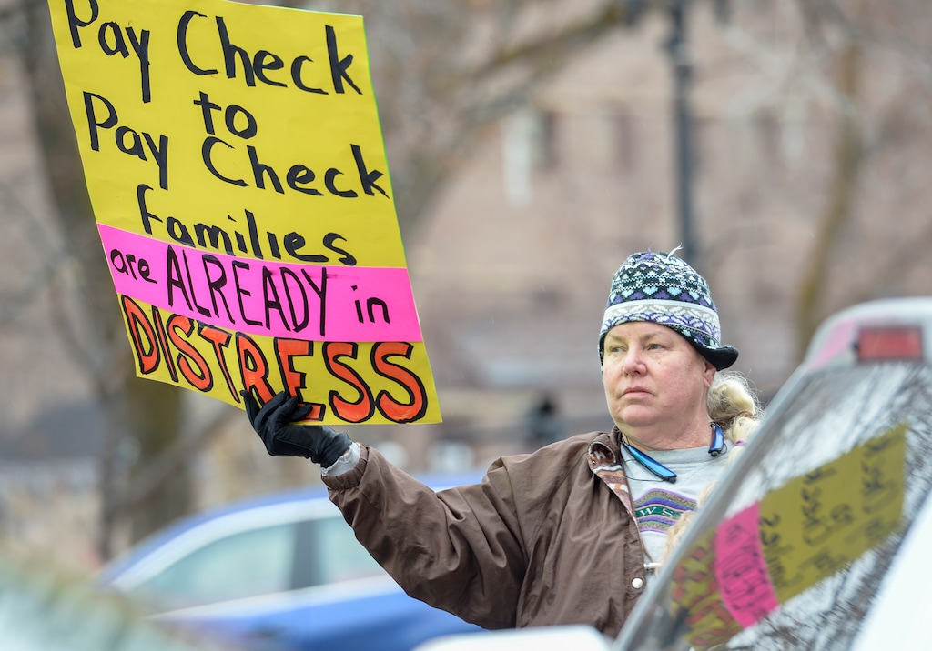 Leah Hogsten | The Salt Lake Tribune Pam Harrison, a licensed social worker who provides counseling for Internal Revenue Service employees, protests the ongoing partial federal shutdown outside Federal Building in Ogden, Jan. 10, 2019. "We are on the verge of having a huge ripple effect," said Harrison.