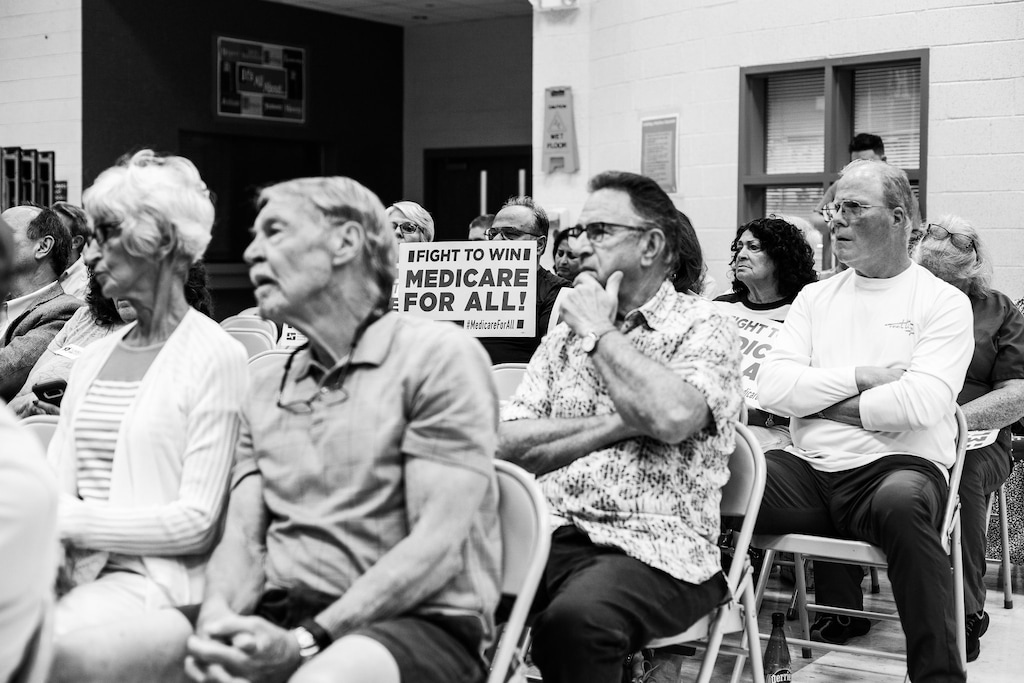 (Bryan Anselm | The New York Times) Audience members at a town hall in Forked River, N.J. on Thursday.