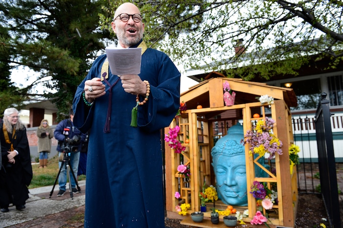 (Scott Sommerdorf | The Salt Lake Tribune)
Sensei from The Salt Lake Buddhist Fellowship, Christopher Kakuyo Ross-Leibow, speaks during the rededication ceremony for the Buddha on 9th, the Sugar House landmark and Buddhist Shrine, Sunday, April 8, 2018.