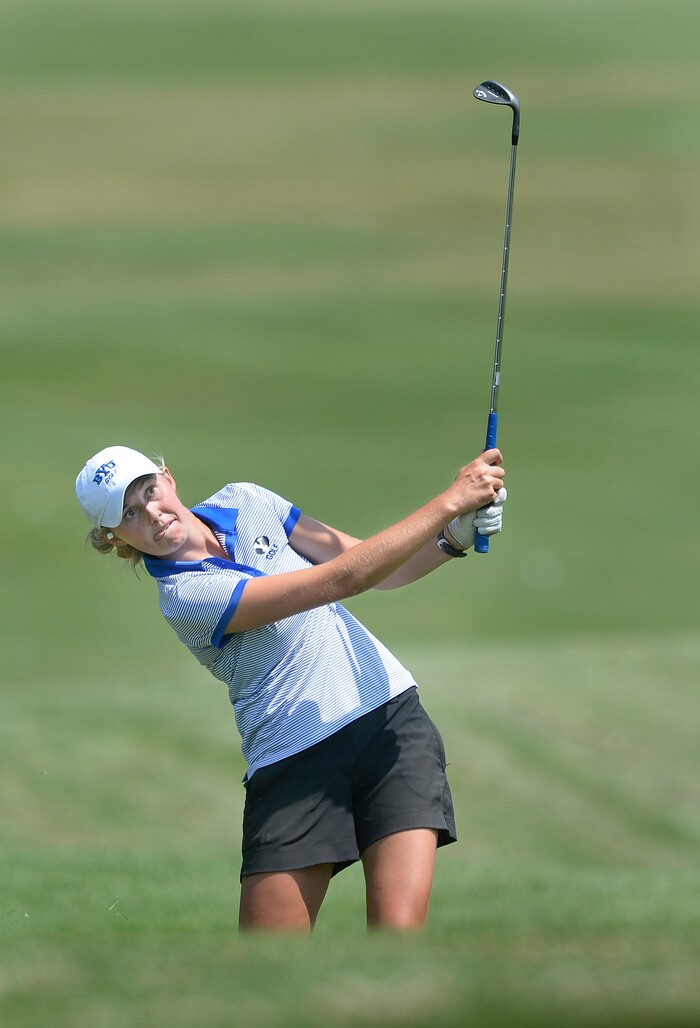 (Scott Sommerdorf   |  The Salt Lake Tribune)   Anna Kennedy chips to the 18th green during the 111th Utah Womens State Amateur Championship held at Davis Park Golf Course in Fruit Heights, Friday, August 4, 2017.  Kennedy finished second to Kelsey Chugg won won the event for the fourth time.