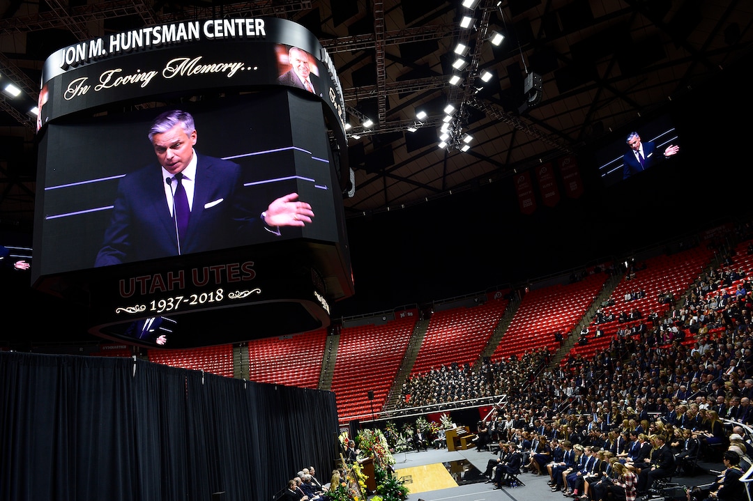 Scott Sommerdorf | The Salt Lake TribuneAmbassador, and former Utah Governor Jon Huntsman Jr. speaks about his father during the funeral services for Jon M. Huntsman, Sr., Saturday, February, 10, 2018. 