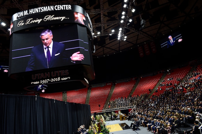 Scott Sommerdorf | The Salt Lake Tribune
Ambassador, and former Utah Governor Jon Huntsman Jr. speaks about his father during the funeral services for Jon M. Huntsman, Sr., Saturday, February, 10, 2018. 
