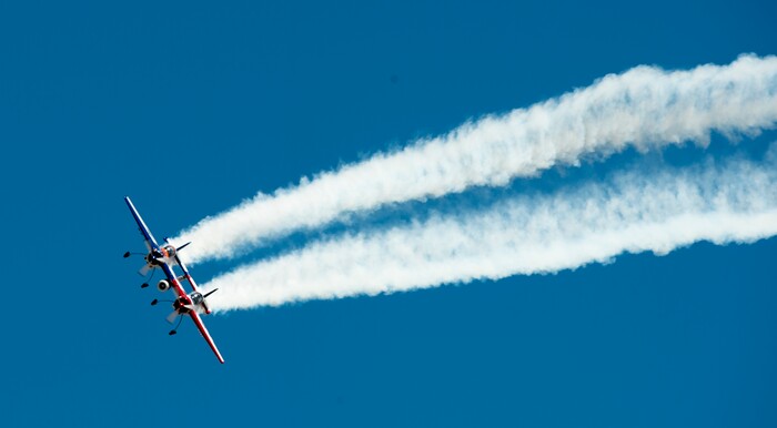 (Rick Egan  |  The Salt Lake Tribune)      Jeff Boerboon flies his Yak-110 during the Warriors Over the Wasatch airshow at Hill Airforce Base, Sunday, June 24, 2018.