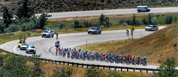 Steve Griffin  |  The Salt Lake TribuneThe peloton heads back up Logan Canyon during Stage 1 of the Tour of Utah bicycle race Monday July 31, 2017. Racers started in Logan and rode around Bear Lake before heading back to Logan for the finish.