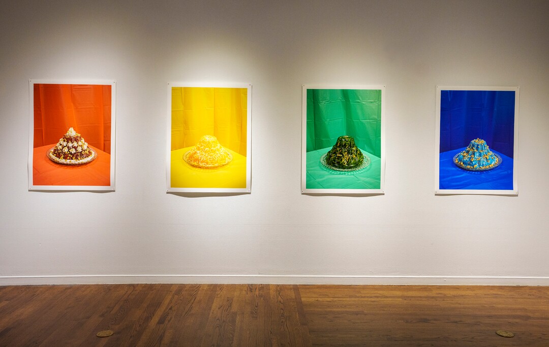 (Leah Hogsten | The Salt Lake Tribune) l-r Primary #2, (Salad), Primary #1 (Cinnamon Jello Salad), Primary #3 (Green Jello with Carrots) and Primary #4 (Jello Delight), Archival Pigment Prints, 2020, from "Marrow" a photo exhibit by Daniel George at The Utah Museum of Contemporary Art. George examines the culinary and cultural heritage of members of The Church of Jesus Christ of Latter-day Saints, Sept. 3 2021. George recreated and photographed dishes from Ward Cookbooks, including Funeral Potatoes, Casseroles, Jello creations, turning food into folk art.