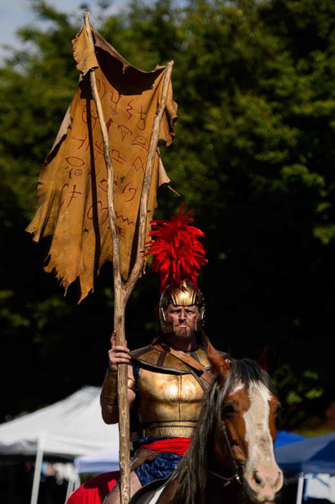 (Trent Nelson | The Salt Lake Tribune)  The Days of '47 Parade in Salt Lake City, Tuesday July 24, 2018. Captain Moroni carries the Title of Liberty, in a parade entry for reignmovie.com.