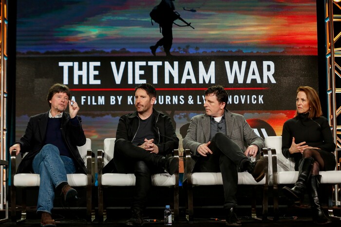 FILE - In this Sunday, Jan. 15, 2017, file photo, Ken Burns, from left, Trent Reznor, Atticus Ross and Lynn Novick speak at PBS' "The Vietnam War" panel at the 2017 Television Critics Association press tour in Pasadena, Calif. The public TV service said its fall lineup will be anchored by Burns' "The Vietnam War," a 10-part documentary debuting Sept. 17. (Photo by Willy Sanjuan/Invision/AP, File)