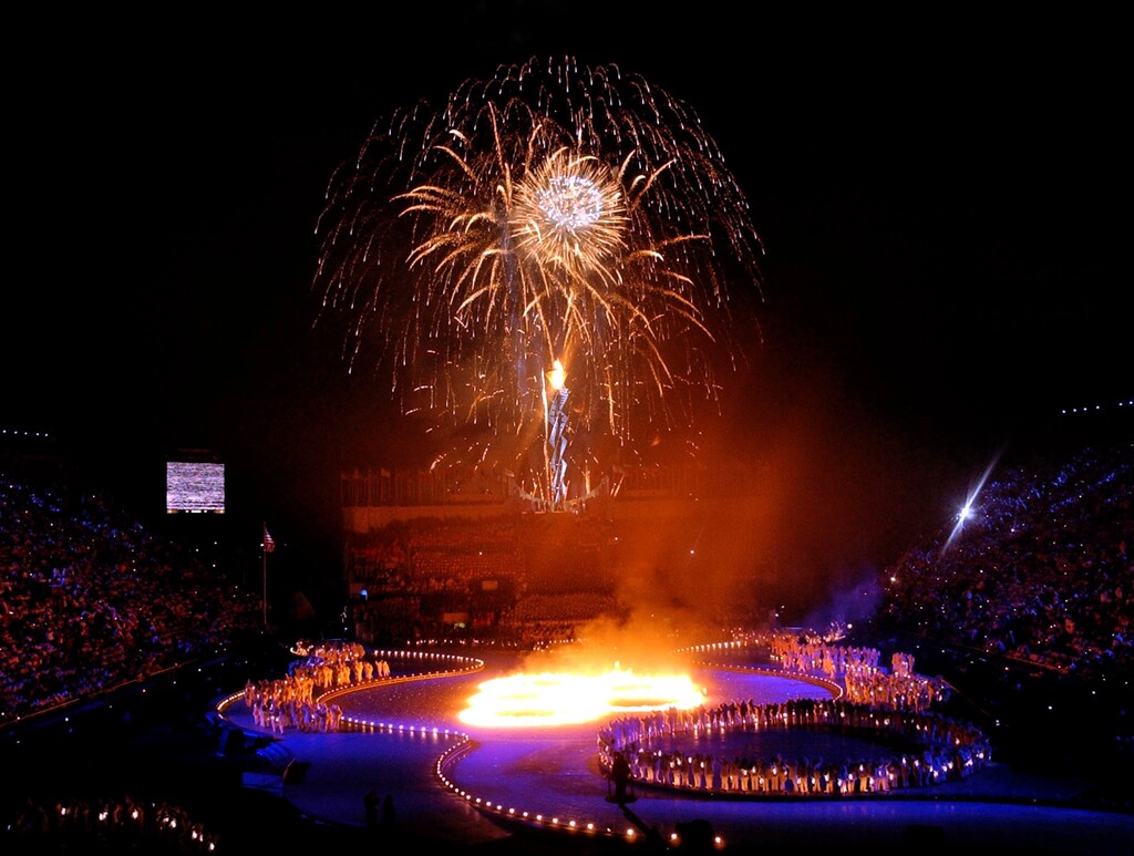 FILE - This Feb. 8, 2002 file photo shows fireworks erupting during the opening ceremonies of the 2002 Winter Olympics in Salt Lake City. There's an outside shot the United States won't have to wait 11 years to host its next Olympics. It's a longshot, but there's talk in Salt Lake City, and even some in Denver, of a bid for the 2026 Winter Games, which take place two years before the Summer Olympics return to Los Angeles. (AP Photo/Kevork Djansezian, file)