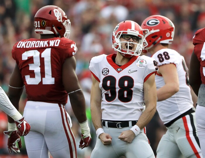 Georgia kicker Rodrigo Blankenship (98) celebrates after he kicked a field goal during the first half of the Rose Bowl NCAA college football game against Oklahoma, Monday, Jan. 1, 2018, in Pasadena, Calif. (AP Photo/Gregory Bull)